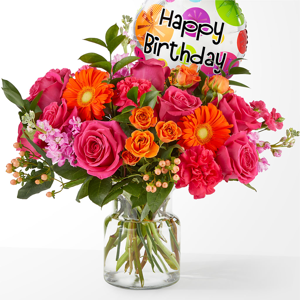 Fiesta Bouquet with Birthday Balloon – Country Cottage Floral Creations, Conroe TX