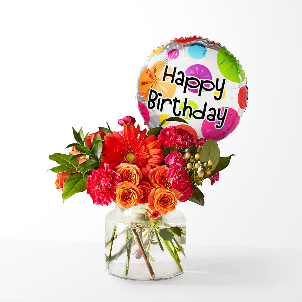 Fiesta Bouquet with Birthday Balloon – Country Cottage Floral Creations, Conroe TX
