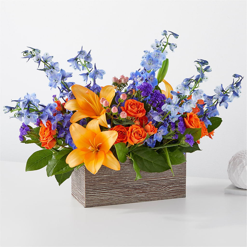 Radiant Citrus Box Bouquet – Country Cottage Floral Creations, Conroe TX