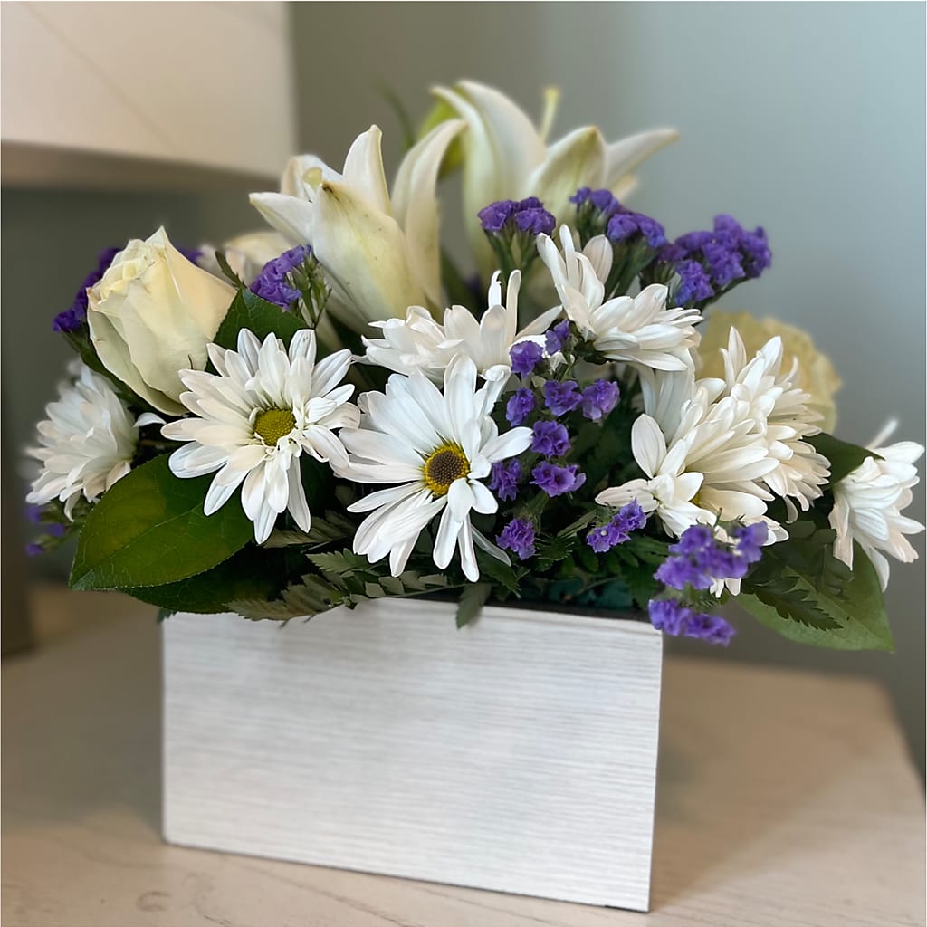 Beyond Blue Box Bouquet – Country Cottage Floral Creations, Conroe TX