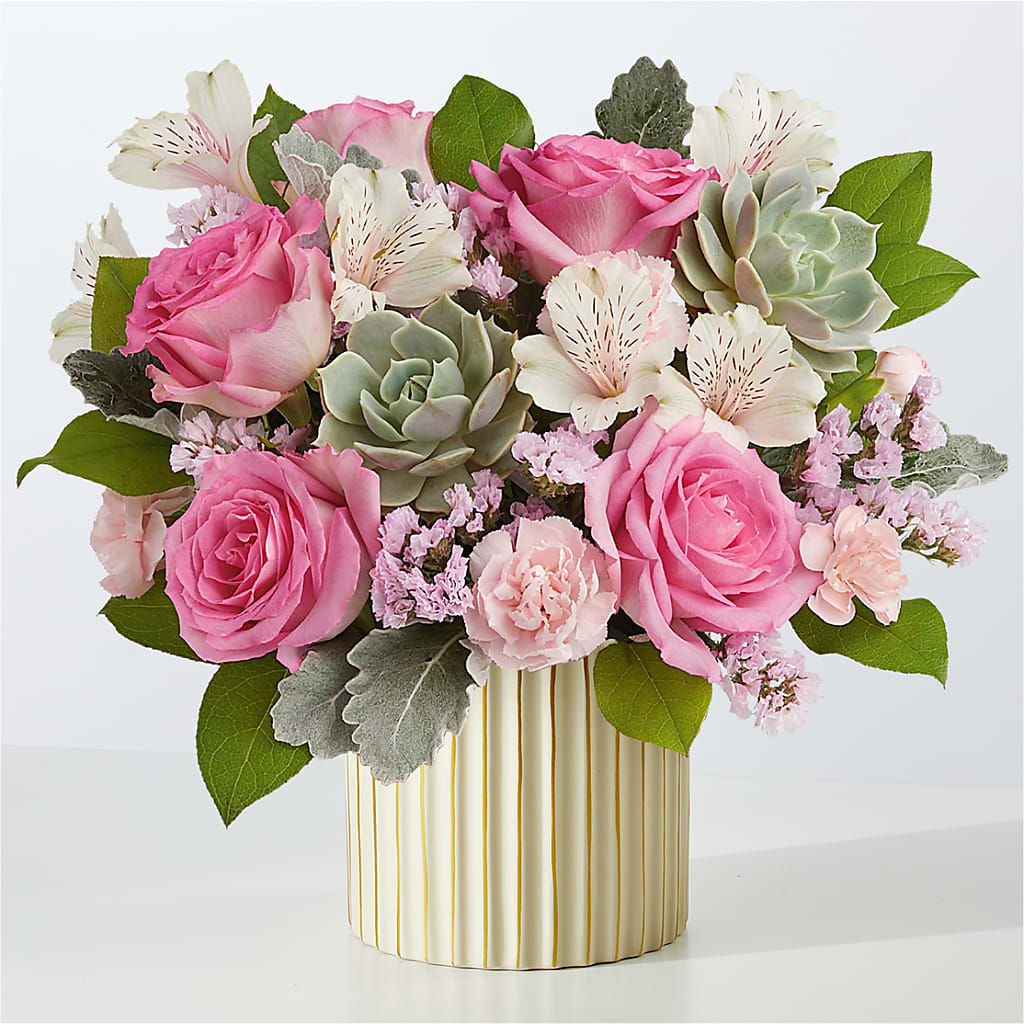 Dusty Rose Bouquet with Ivory Vase – Country Cottage Floral Creations, Conroe TX