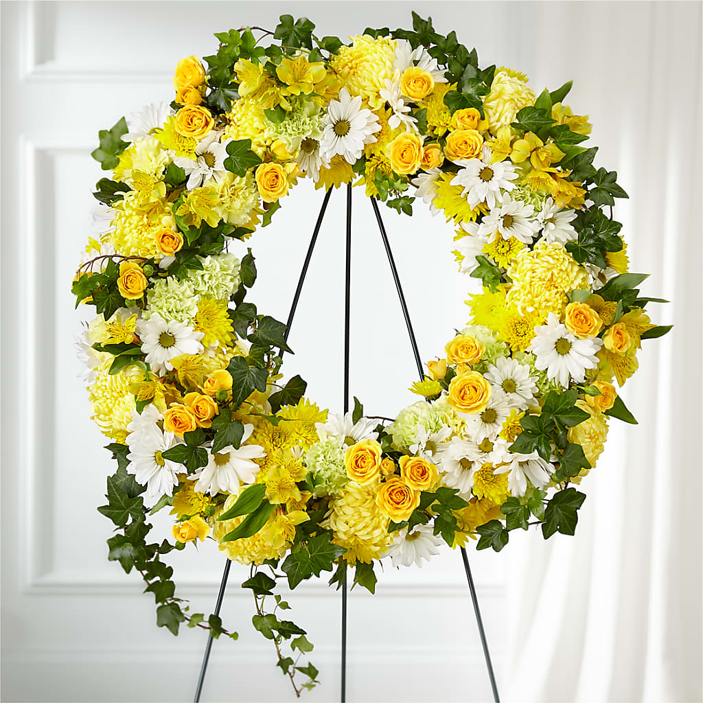 Golden Remembrance Wreath – Country Cottage Floral Creations, Conroe TX