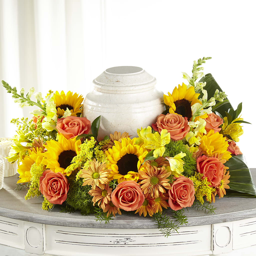 Faithful Sunflower Cremation Adornment – Country Cottage Floral Creations, Conroe TX