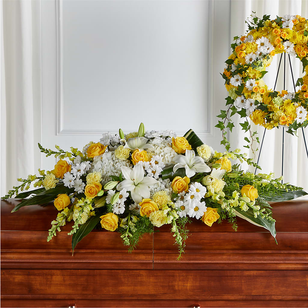 Golden Harmony Casket Spray – Country Cottage Floral Creations, Conroe TX