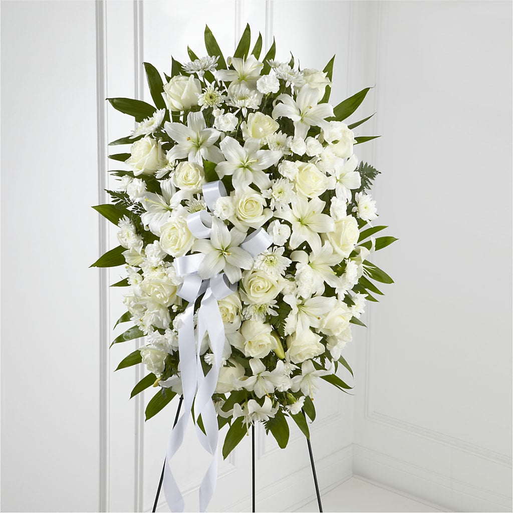 Exquisite Tribute Standing Spray-White Ribbon – Country Cottage Floral Creations, Conroe TX