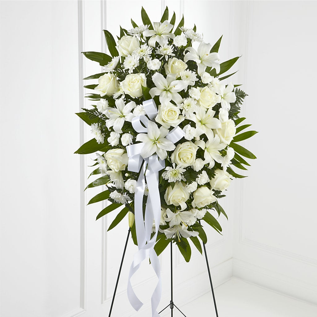 Exquisite Tribute Standing Spray-White Ribbon – Country Cottage Floral Creations, Conroe TX